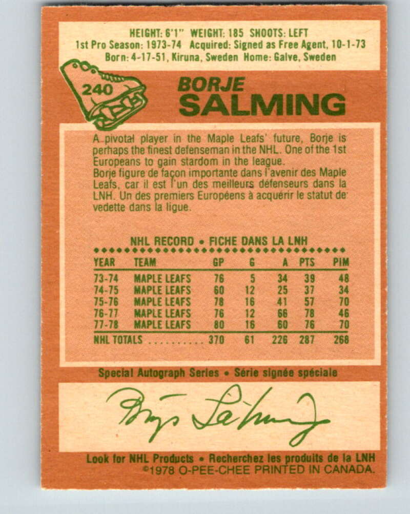 1978-79 O-Pee-Chee #240 Borje Salming AS Toronto Maple Leafs V24269