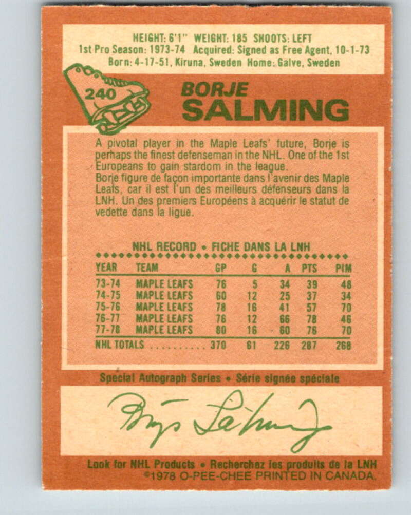 1978-79 O-Pee-Chee #240 Borje Salming AS Toronto Maple Leafs V24270