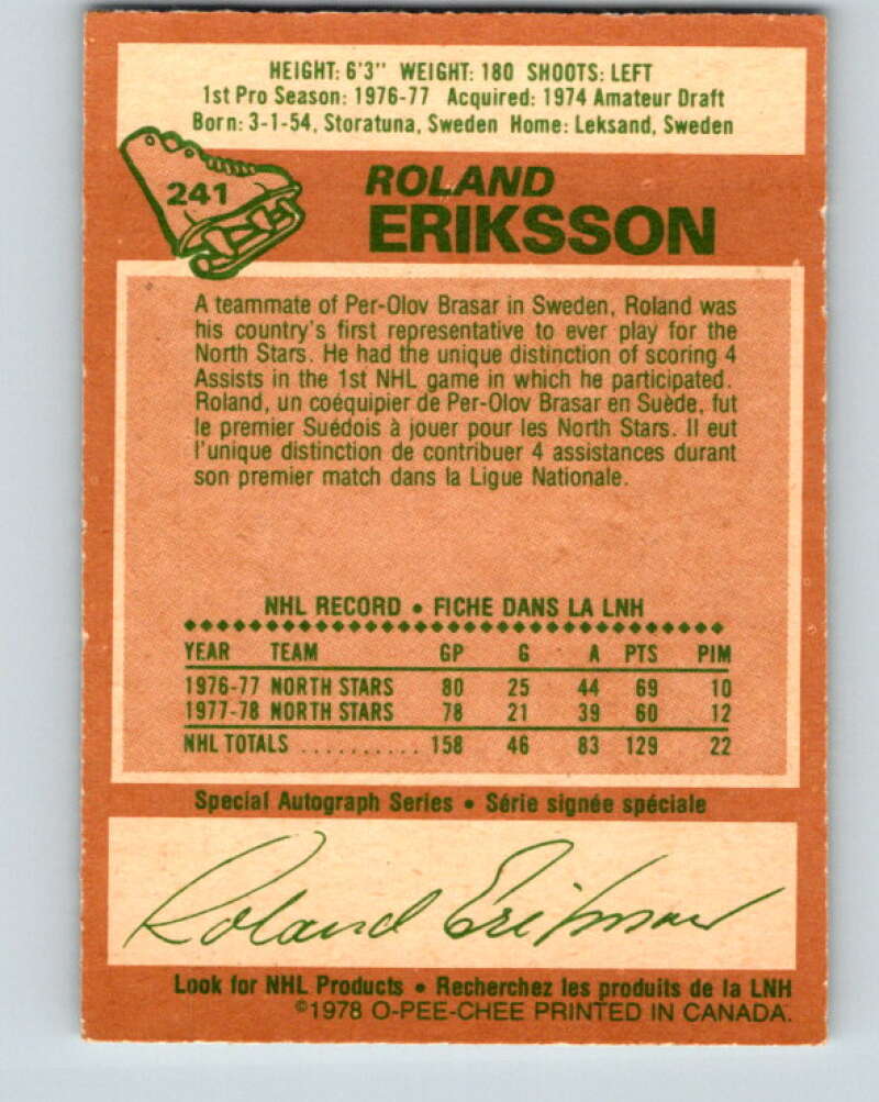 1978-79 O-Pee-Chee #241 Roland Eriksson Vancouver Canucks V24273