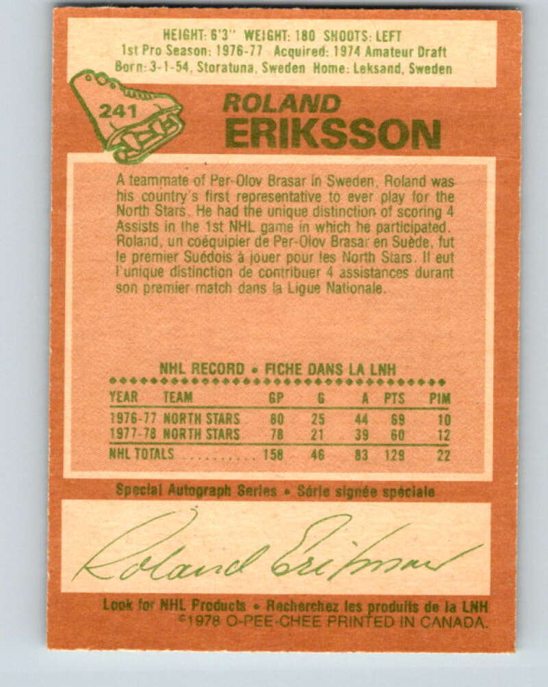 1978-79 O-Pee-Chee #241 Roland Eriksson Vancouver Canucks V24274