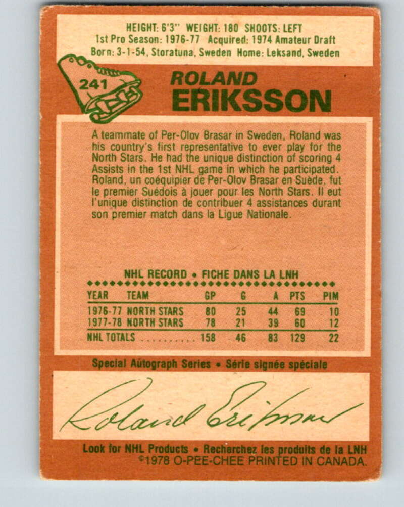 1978-79 O-Pee-Chee #241 Roland Eriksson Vancouver Canucks V24277