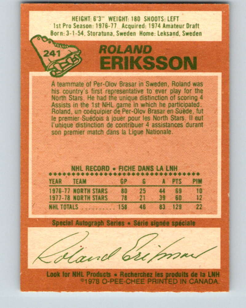 1978-79 O-Pee-Chee #241 Roland Eriksson Vancouver Canucks V24280