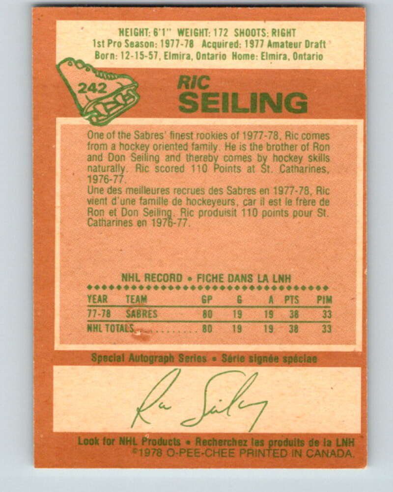 1978-79 O-Pee-Chee #242 Ric Seiling RC Rookie Buffalo Sabres V24292