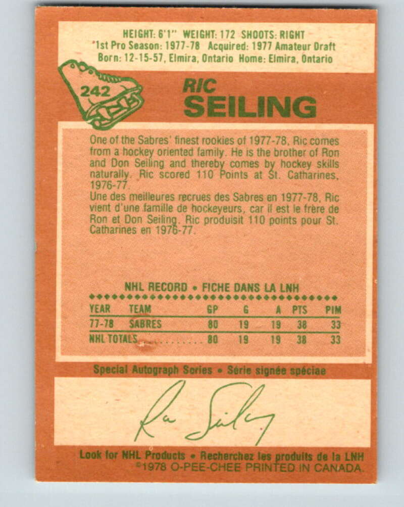 1978-79 O-Pee-Chee #242 Ric Seiling RC Rookie Buffalo Sabres V24294