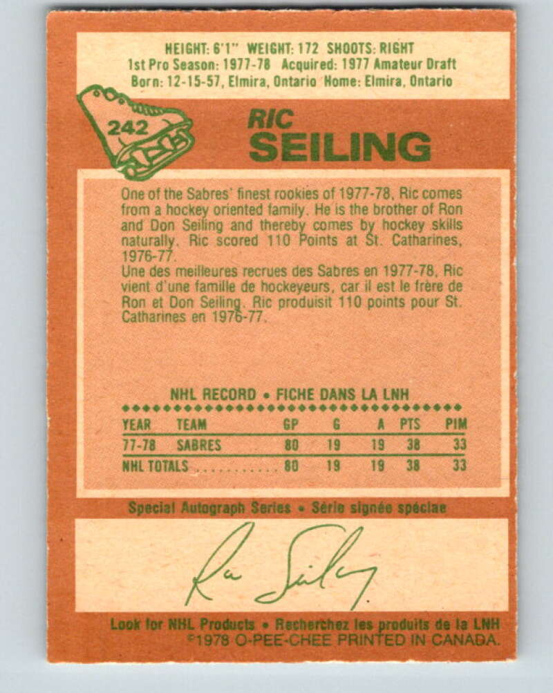 1978-79 O-Pee-Chee #242 Ric Seiling RC Rookie Buffalo Sabres V24295