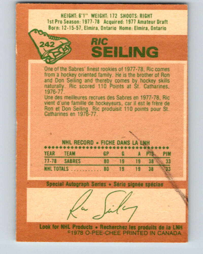 1978-79 O-Pee-Chee #242 Ric Seiling RC Rookie Buffalo Sabres V24298