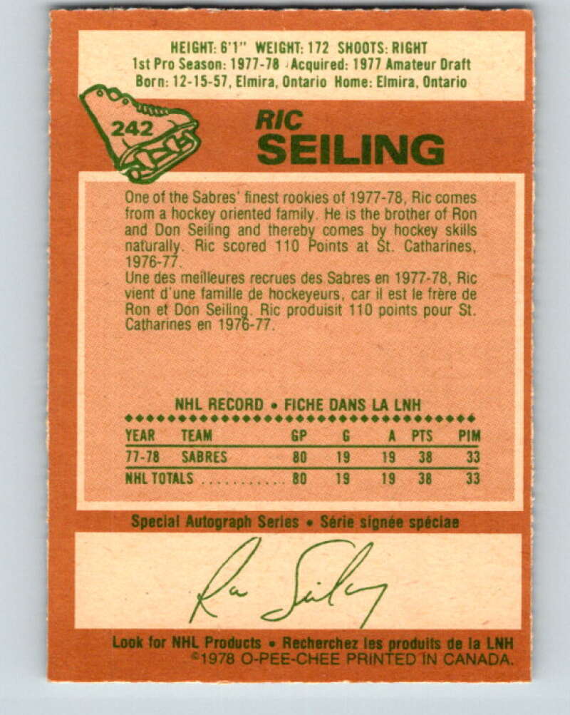 1978-79 O-Pee-Chee #242 Ric Seiling RC Rookie Buffalo Sabres V24300