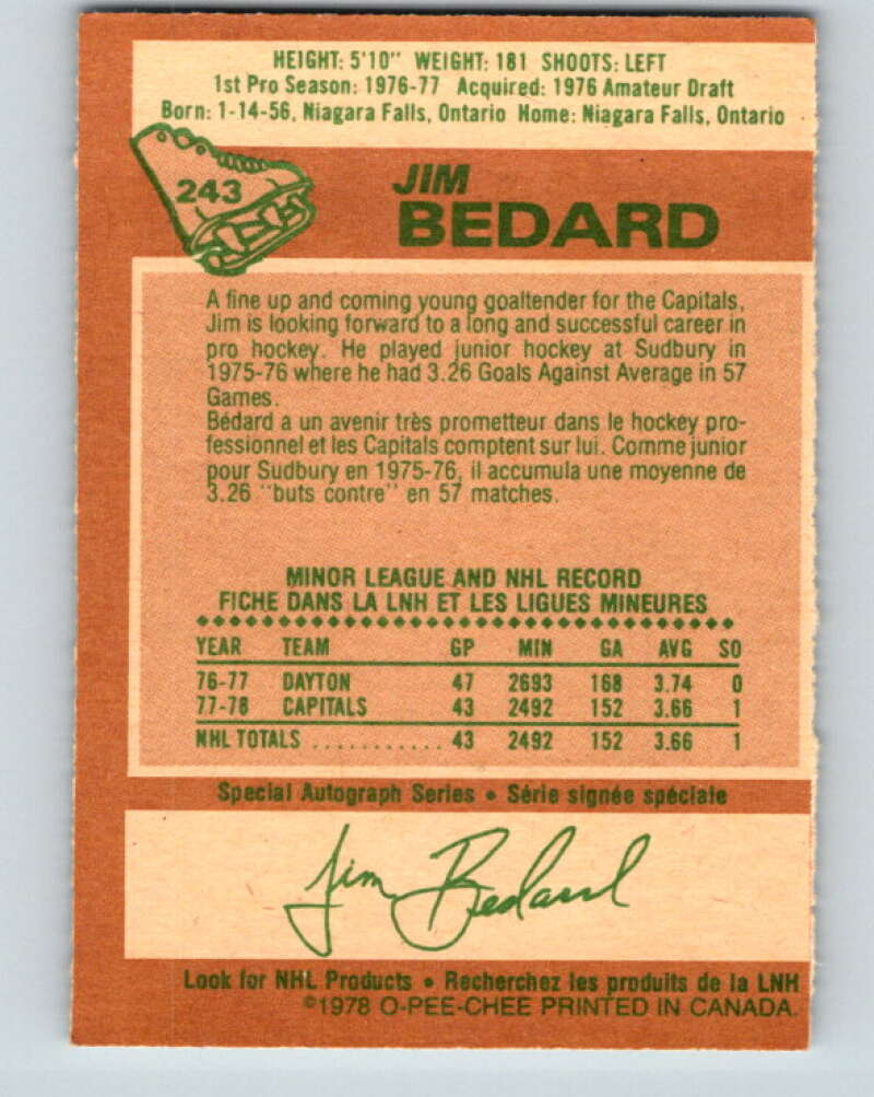 1978-79 O-Pee-Chee #243 Jim Bedard RC Rookie Capitals V24306