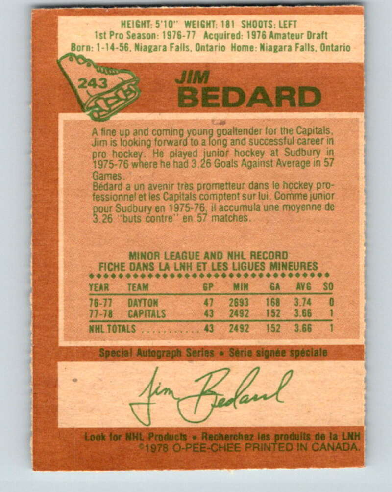 1978-79 O-Pee-Chee #243 Jim Bedard RC Rookie Capitals V24309