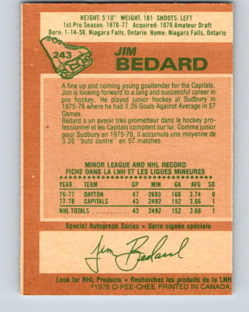 1978-79 O-Pee-Chee #243 Jim Bedard RC Rookie Capitals V24311
