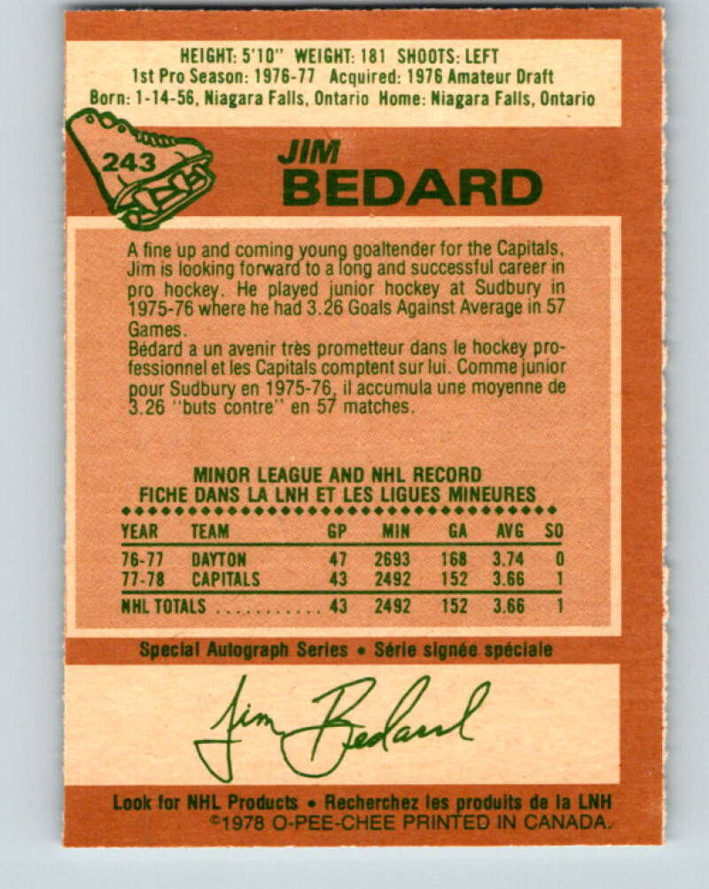 1978-79 O-Pee-Chee #243 Jim Bedard RC Rookie Capitals V24312