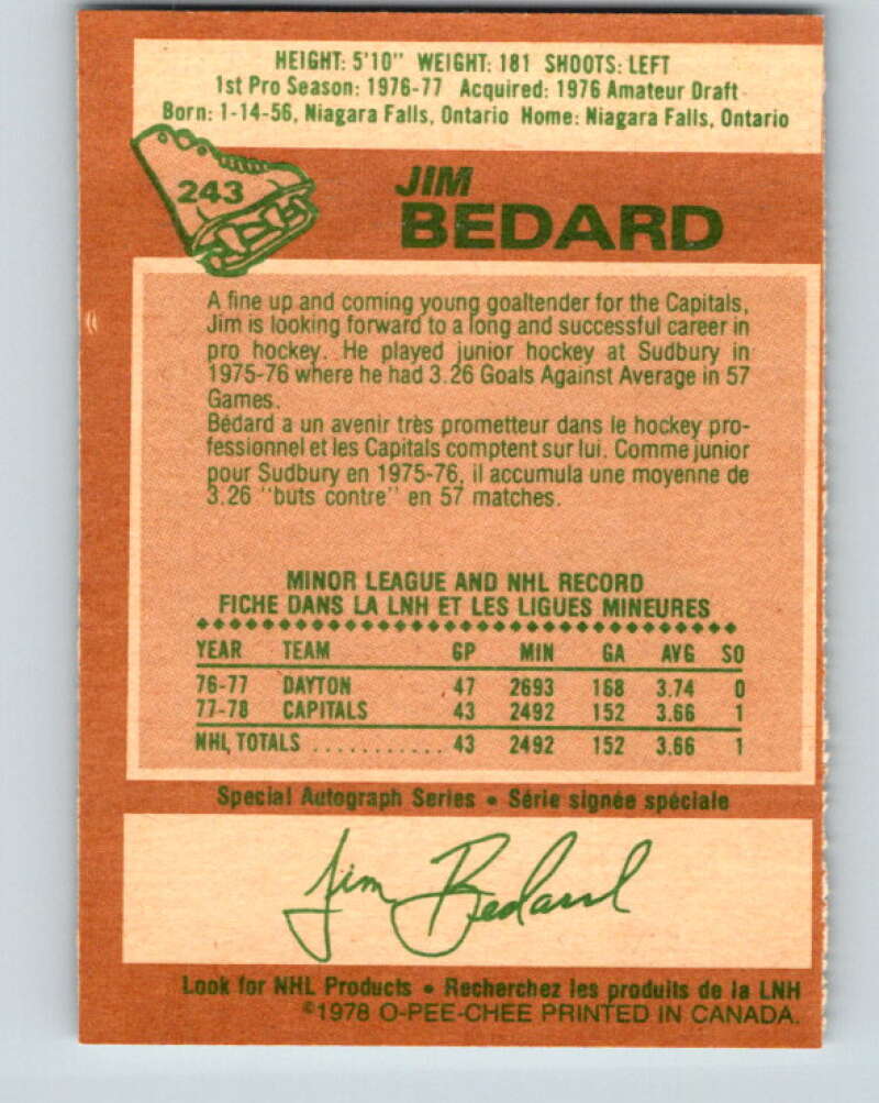 1978-79 O-Pee-Chee #243 Jim Bedard RC Rookie Capitals V24313