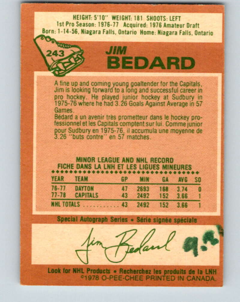 1978-79 O-Pee-Chee #243 Jim Bedard RC Rookie Capitals V24314