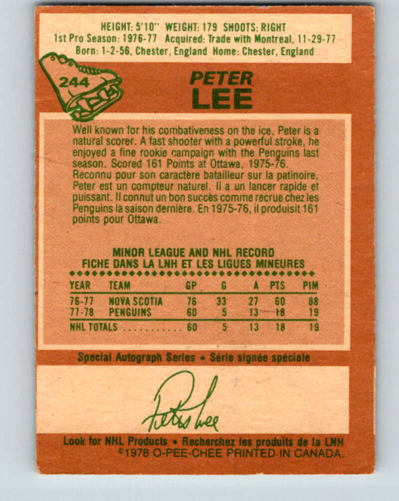 1978-79 O-Pee-Chee #244 Peter Lee RC Rookie Penguins V24318