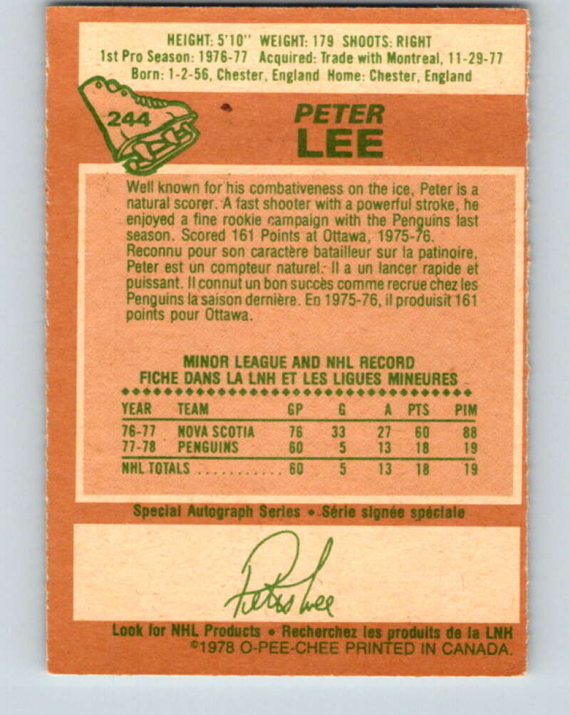 1978-79 O-Pee-Chee #244 Peter Lee RC Rookie Penguins V24320