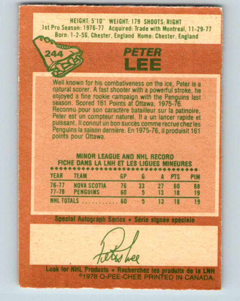 1978-79 O-Pee-Chee #244 Peter Lee RC Rookie Penguins V24322