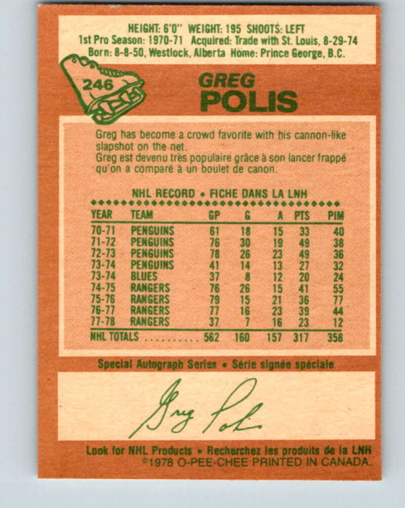 1978-79 O-Pee-Chee #246 Greg Polis New York Rangers V24349