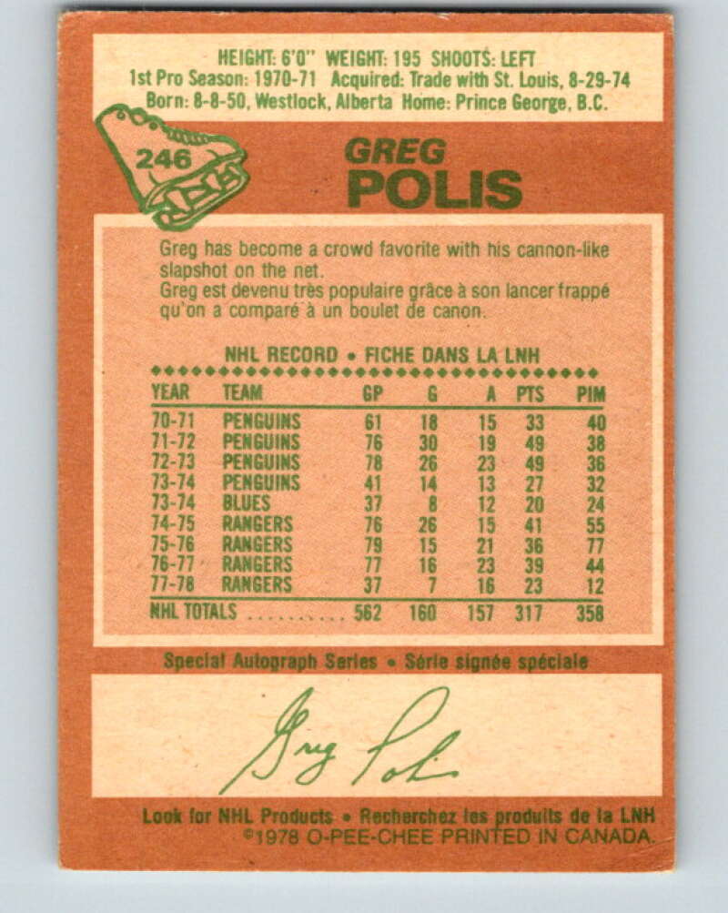 1978-79 O-Pee-Chee #246 Greg Polis New York Rangers V24350
