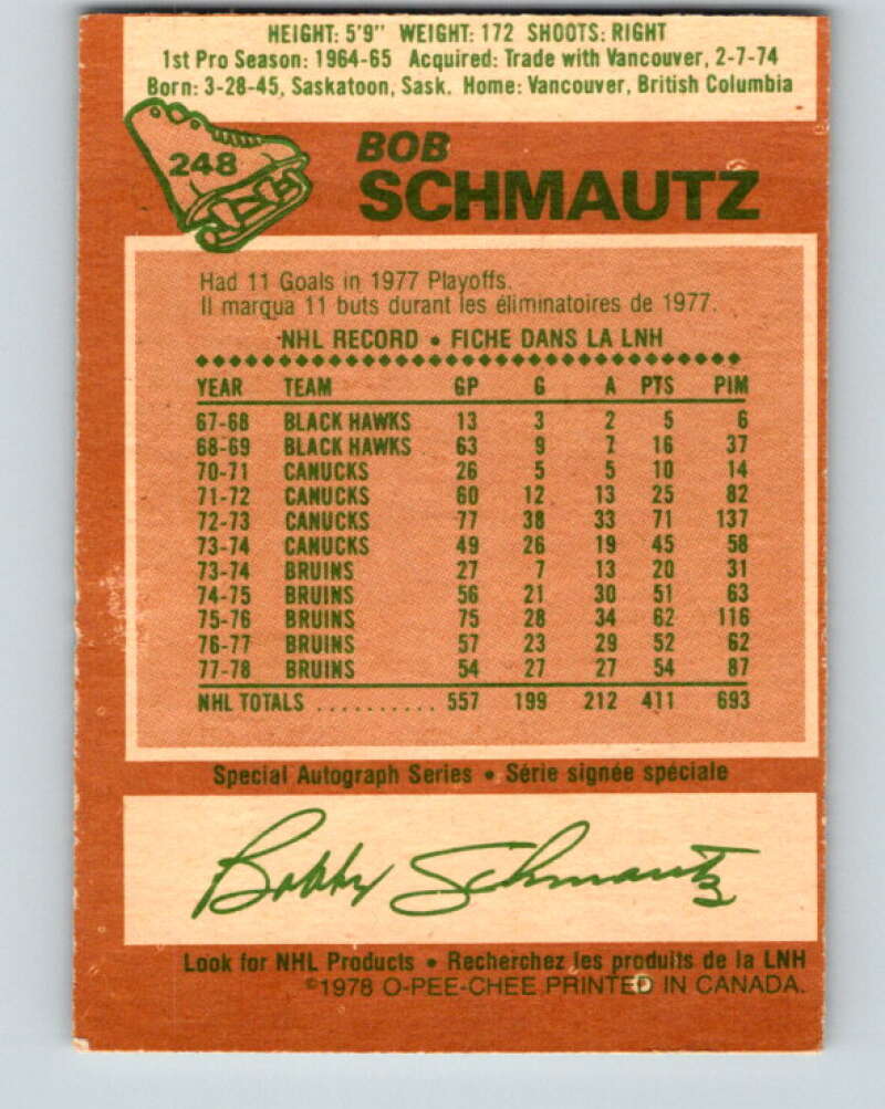 1978-79 O-Pee-Chee #248 Bobby Schmautz Boston Bruins V24371