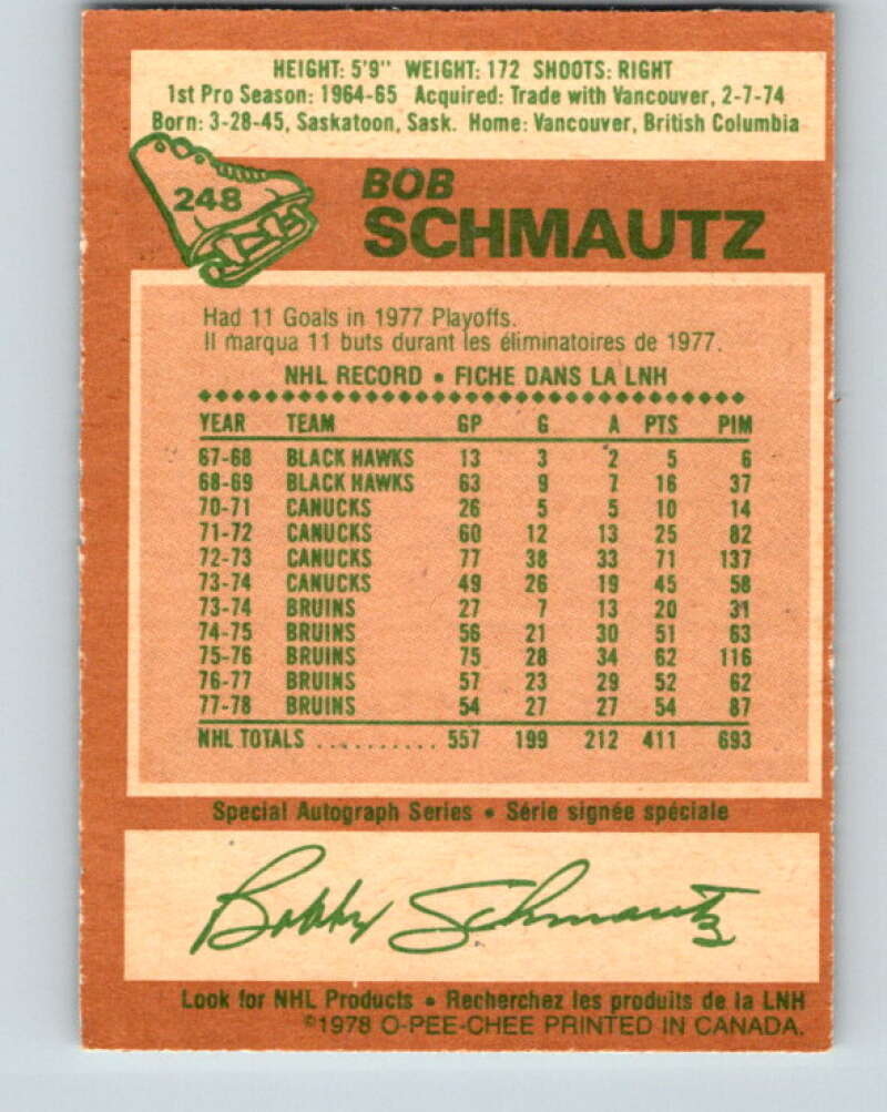 1978-79 O-Pee-Chee #248 Bobby Schmautz Boston Bruins V24374