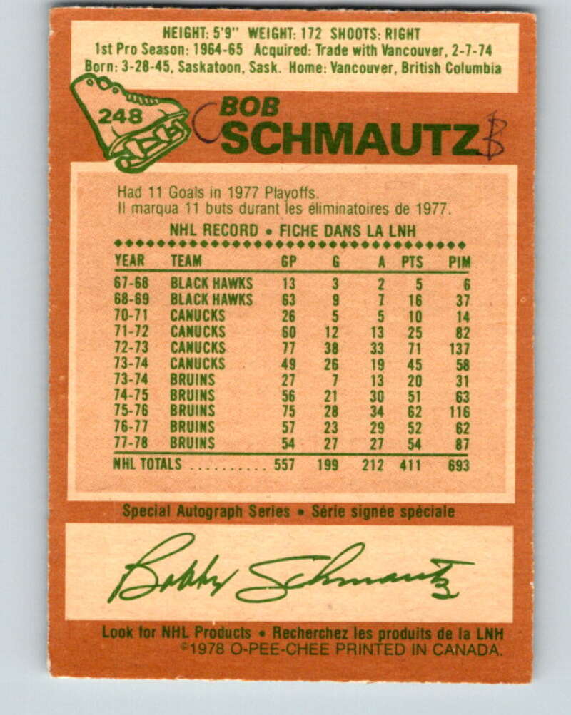 1978-79 O-Pee-Chee #248 Bobby Schmautz Boston Bruins V24376