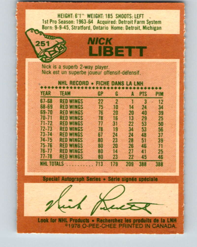 1978-79 O-Pee-Chee #251 Nick Libett Detroit Red Wings V24403