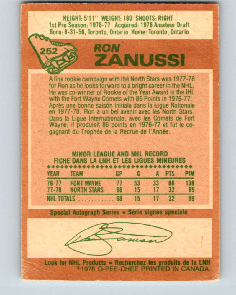 1978-79 O-Pee-Chee #252 Ron Zanussi RC Rookie North Stars V24410