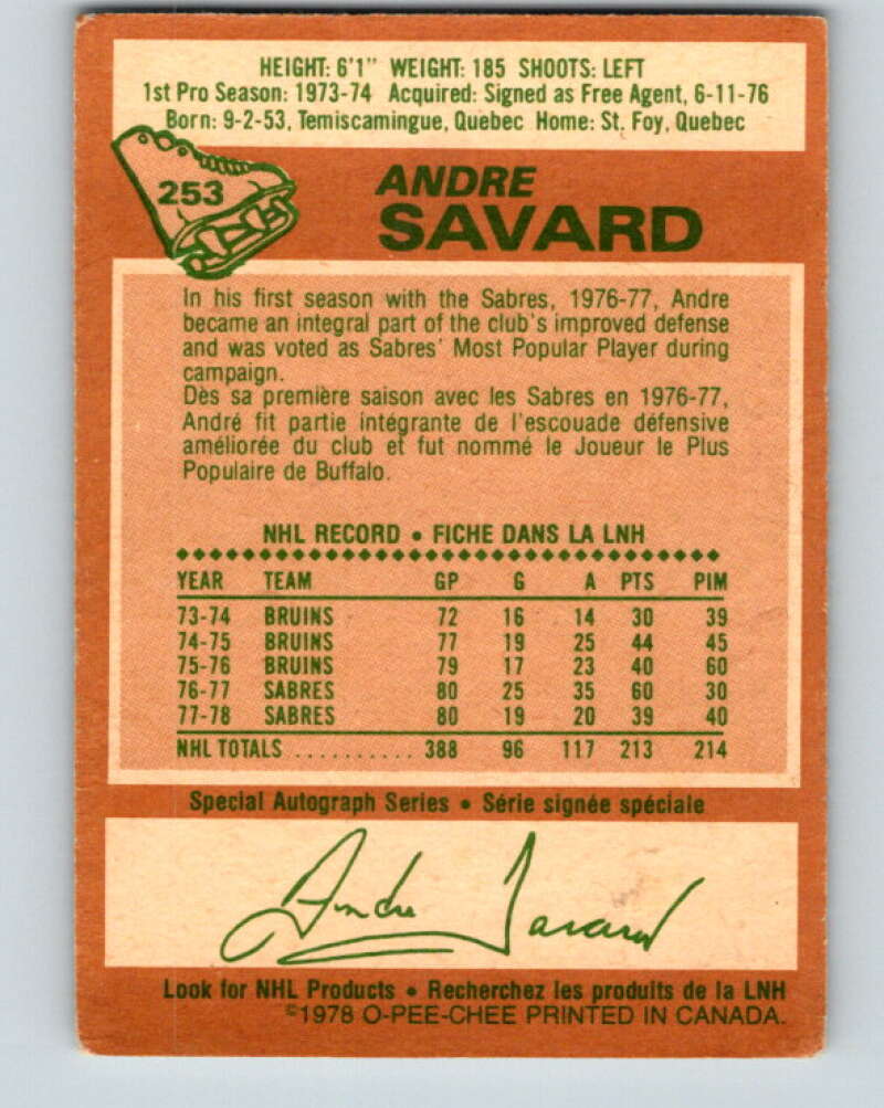 1978-79 O-Pee-Chee #253 Andre Savard Buffalo Sabres V24427