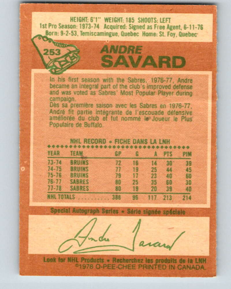 1978-79 O-Pee-Chee #253 Andre Savard Buffalo Sabres V24428