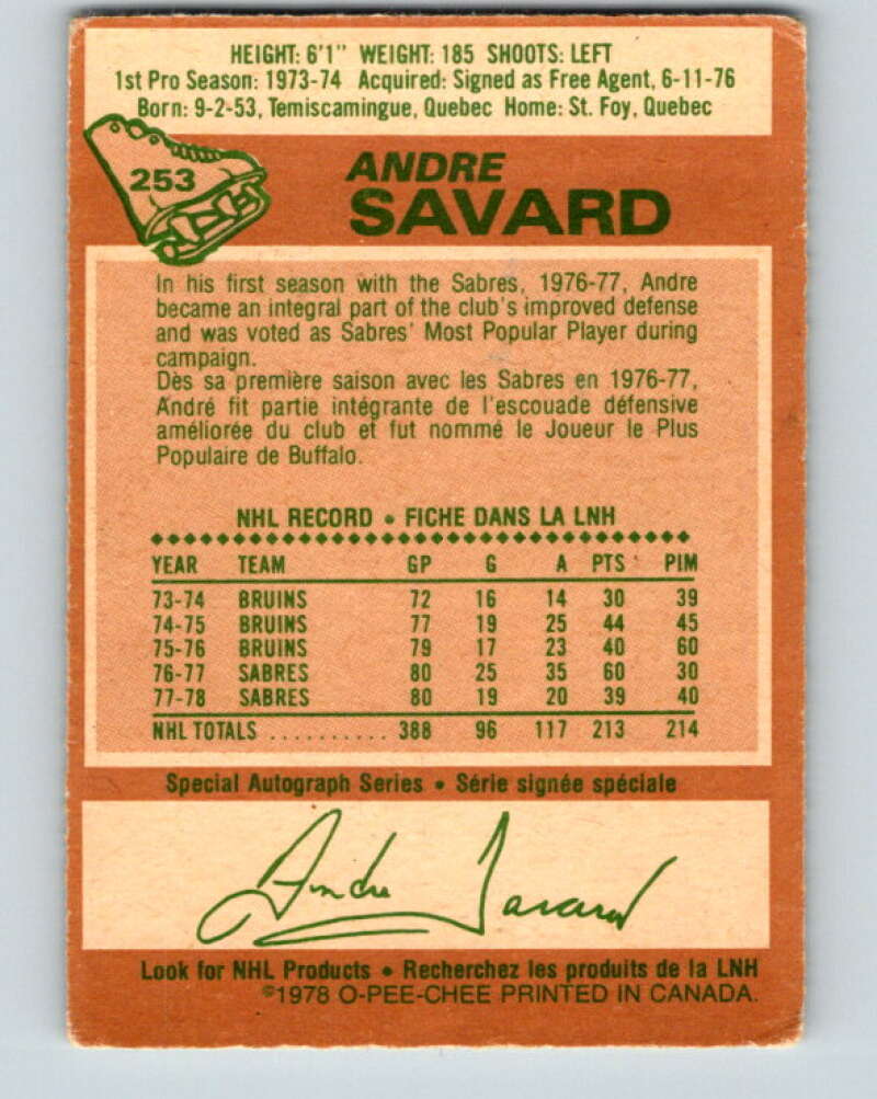1978-79 O-Pee-Chee #253 Andre Savard Buffalo Sabres V24430