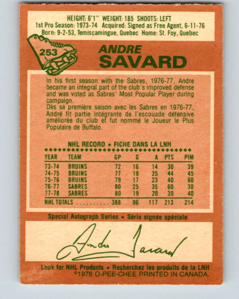 1978-79 O-Pee-Chee #253 Andre Savard Buffalo Sabres V24431