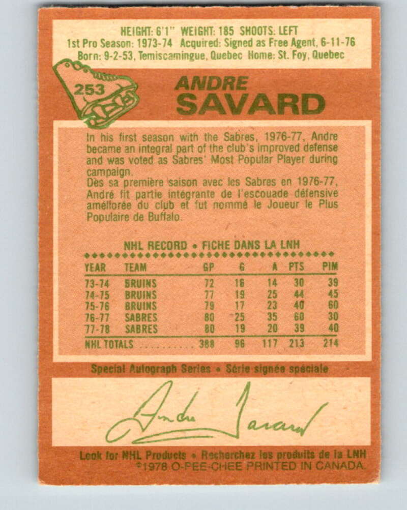1978-79 O-Pee-Chee #253 Andre Savard Buffalo Sabres V24432