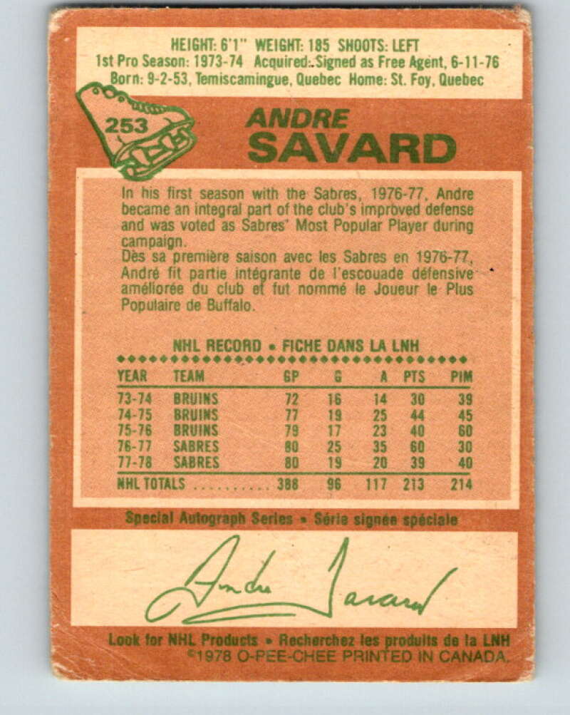 1978-79 O-Pee-Chee #253 Andre Savard Buffalo Sabres V24437