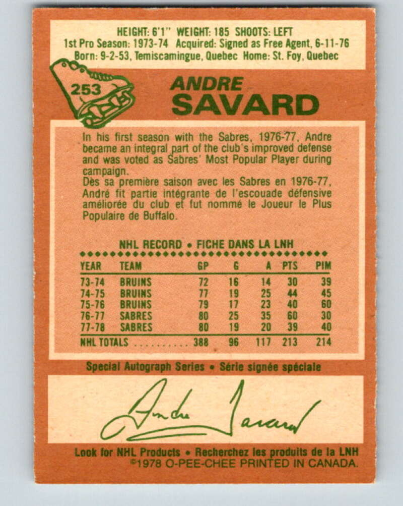1978-79 O-Pee-Chee #253 Andre Savard Buffalo Sabres V24438