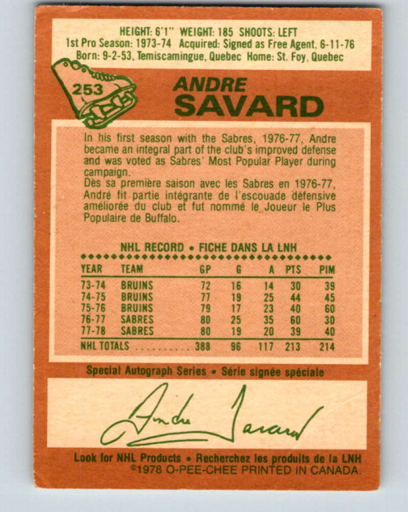 1978-79 O-Pee-Chee #253 Andre Savard Buffalo Sabres V24443