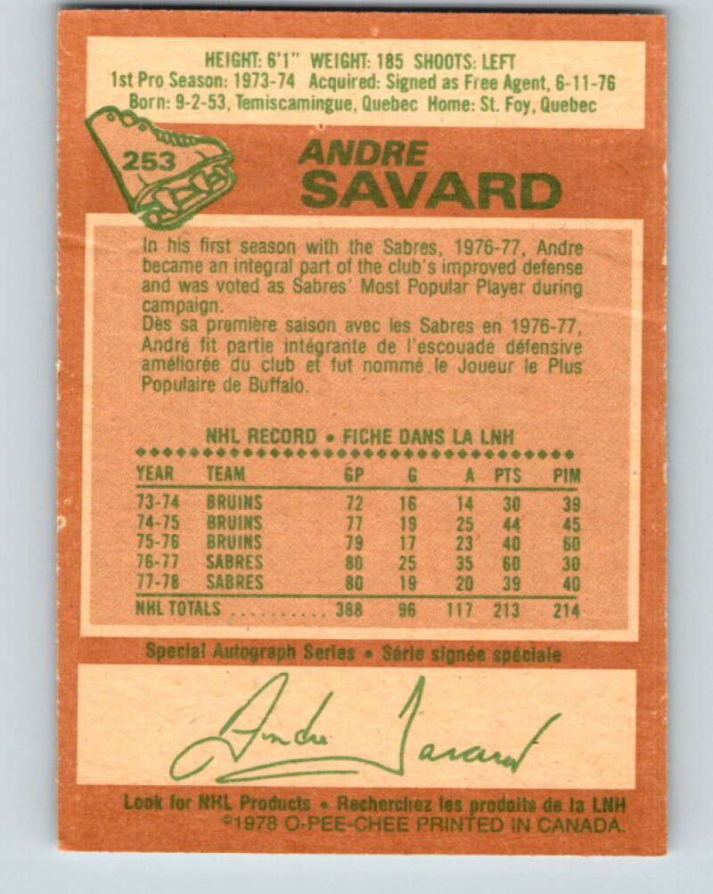 1978-79 O-Pee-Chee #253 Andre Savard Buffalo Sabres V24444