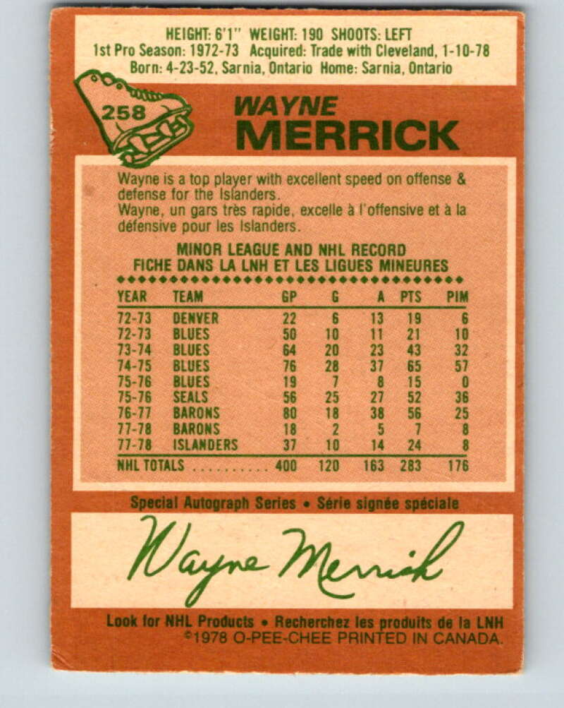 1978-79 O-Pee-Chee #258 Wayne Merrick New York Islanders V24505
