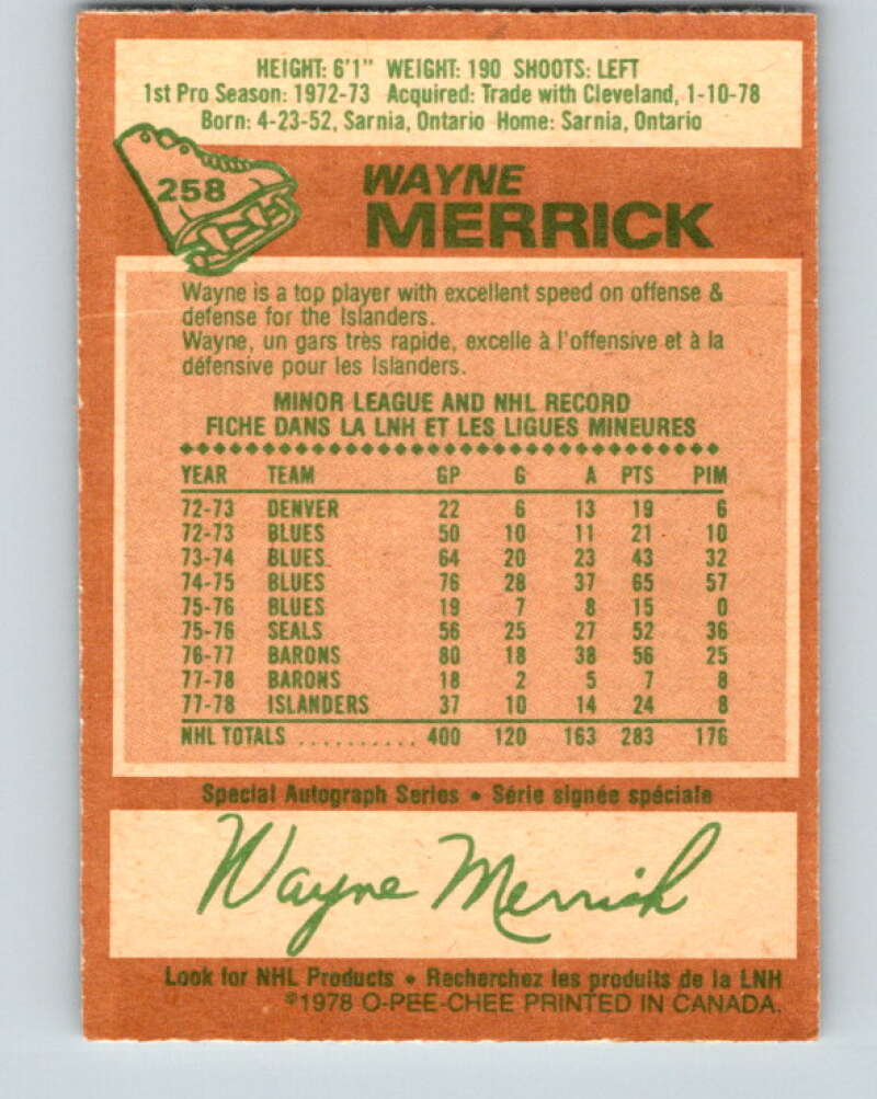 1978-79 O-Pee-Chee #258 Wayne Merrick New York Islanders V24506