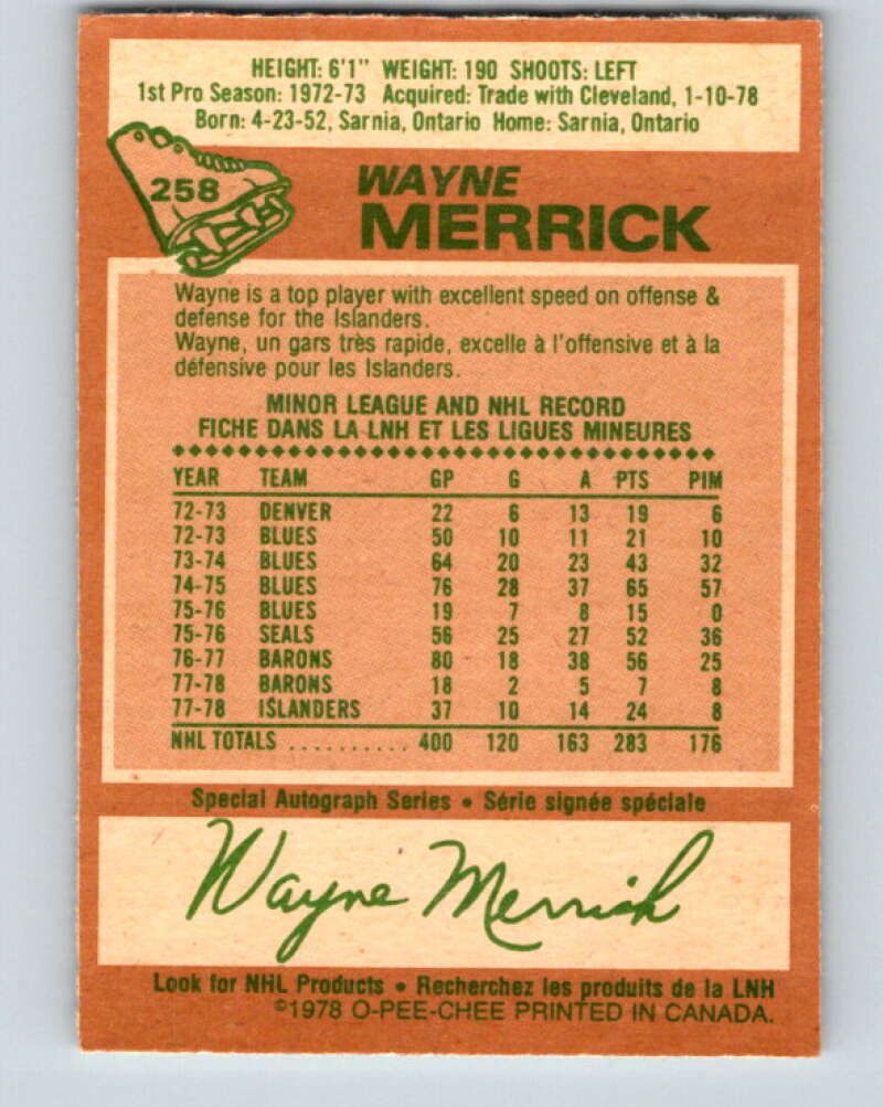 1978-79 O-Pee-Chee #258 Wayne Merrick New York Islanders V24507