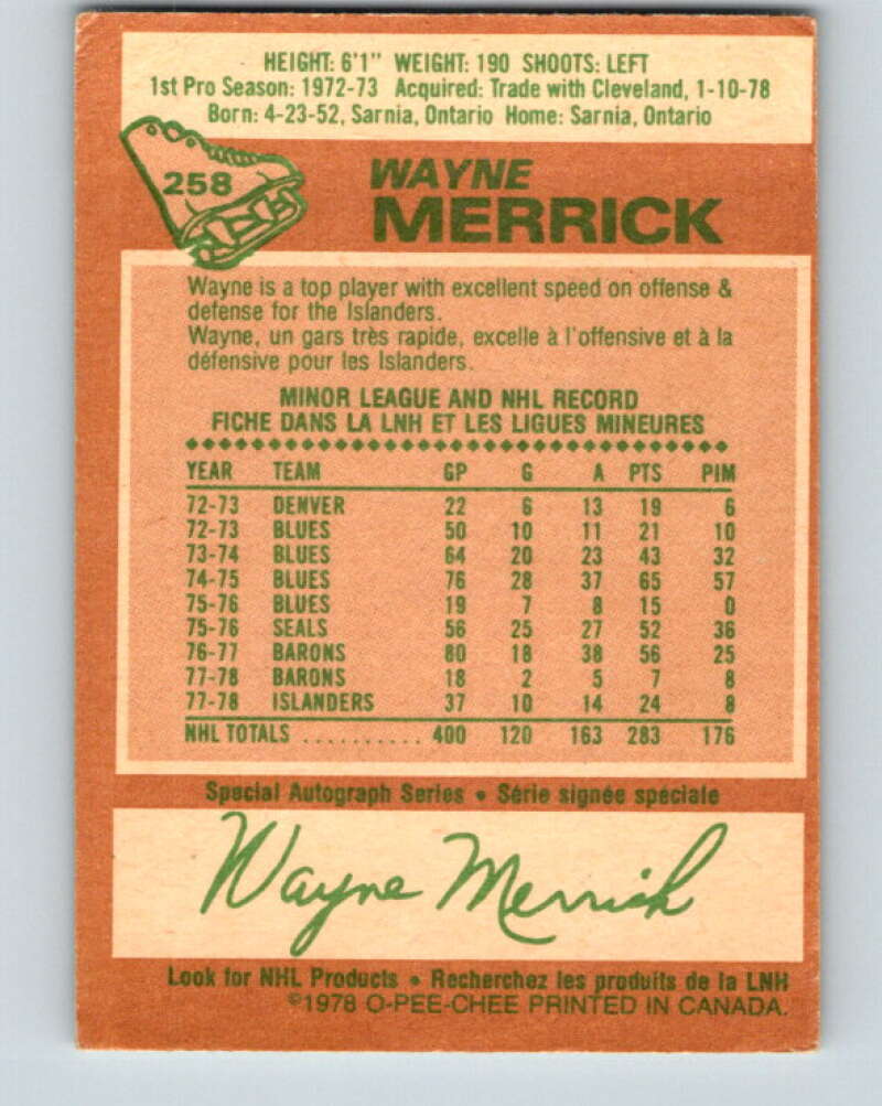 1978-79 O-Pee-Chee #258 Wayne Merrick New York Islanders V24508