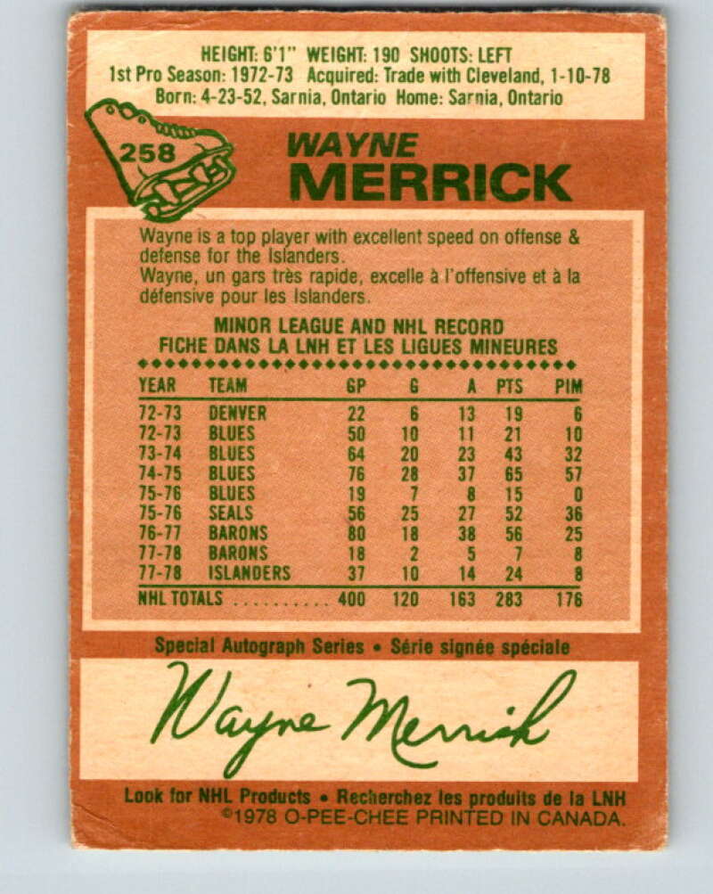1978-79 O-Pee-Chee #258 Wayne Merrick New York Islanders V24509