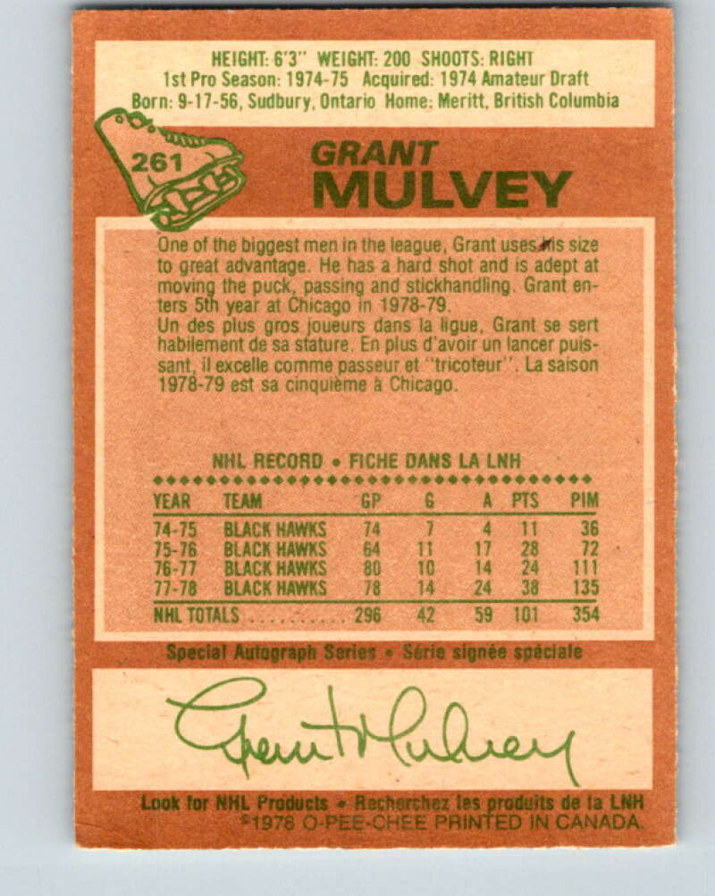 1978-79 O-Pee-Chee #261 Grant Mulvey Chicago Blackhawks V24556