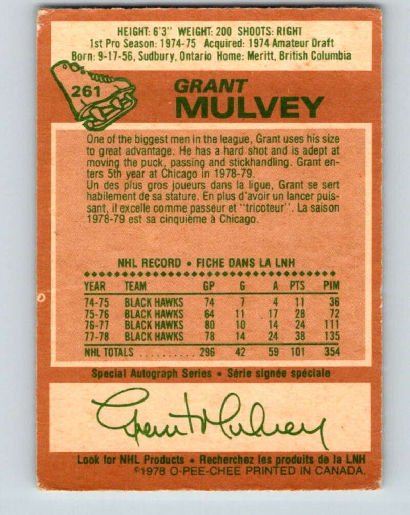 1978-79 O-Pee-Chee #261 Grant Mulvey Chicago Blackhawks V24558