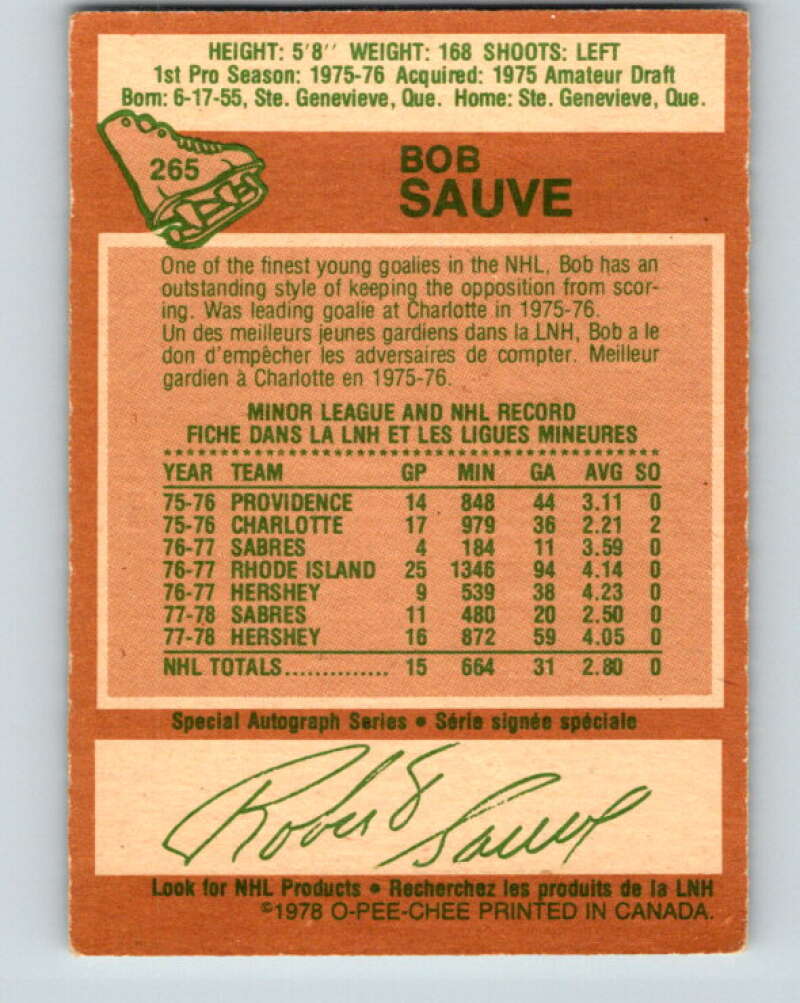 1978-79 O-Pee-Chee #265 Bob Sauve Buffalo Sabres V24598