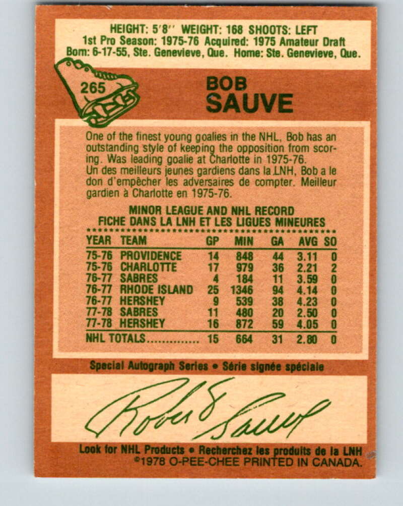 1978-79 O-Pee-Chee #265 Bob Sauve Buffalo Sabres V24599