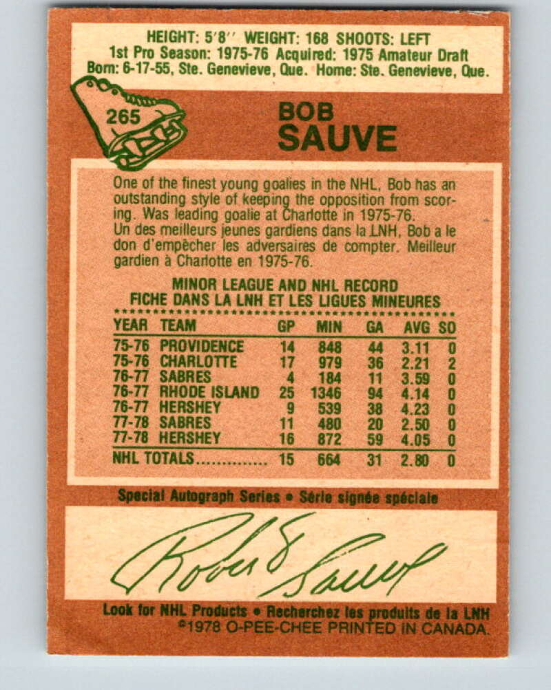 1978-79 O-Pee-Chee #265 Bob Sauve Buffalo Sabres V24602