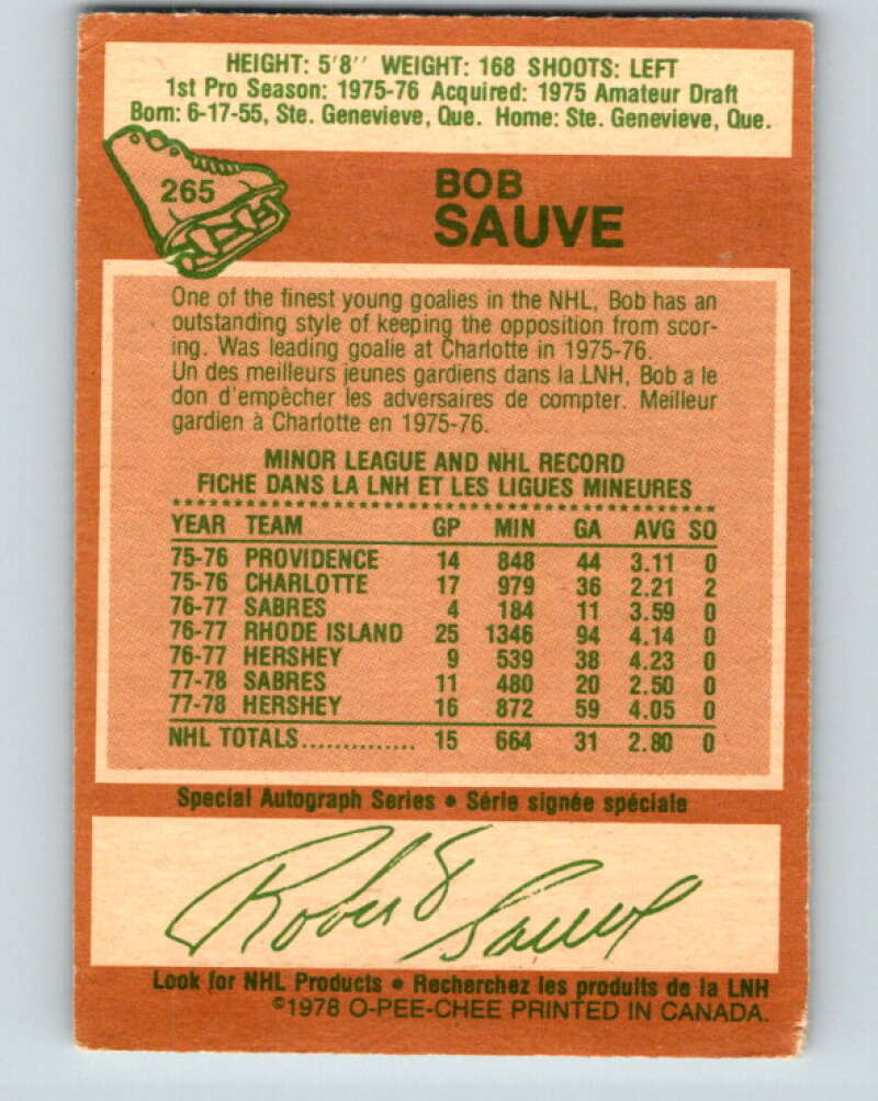 1978-79 O-Pee-Chee #265 Bob Sauve Buffalo Sabres V24603