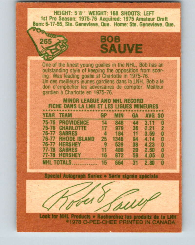 1978-79 O-Pee-Chee #265 Bob Sauve Buffalo Sabres V24604