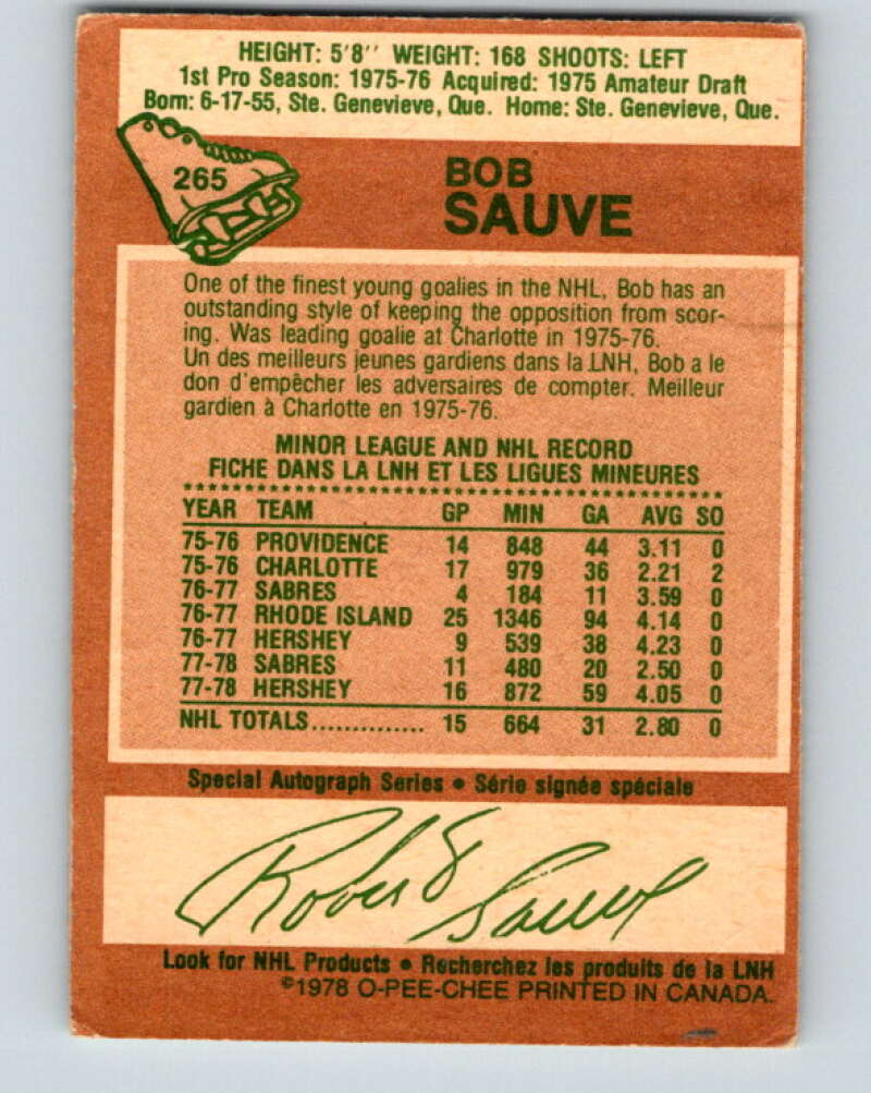 1978-79 O-Pee-Chee #265 Bob Sauve Buffalo Sabres V24606