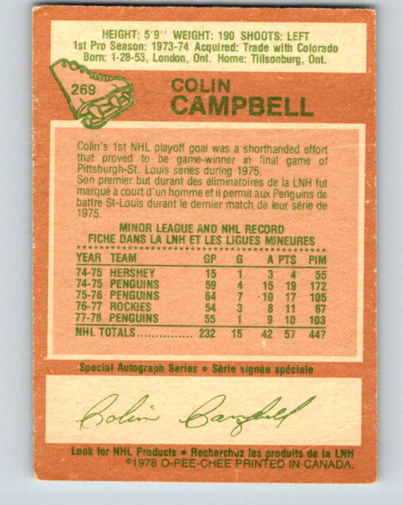 1978-79 O-Pee-Chee #269 Colin Campbell Pittsburgh Penguins V24660